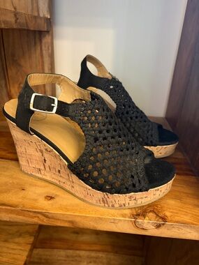SO Black Woven Cork Wedge Sandals
